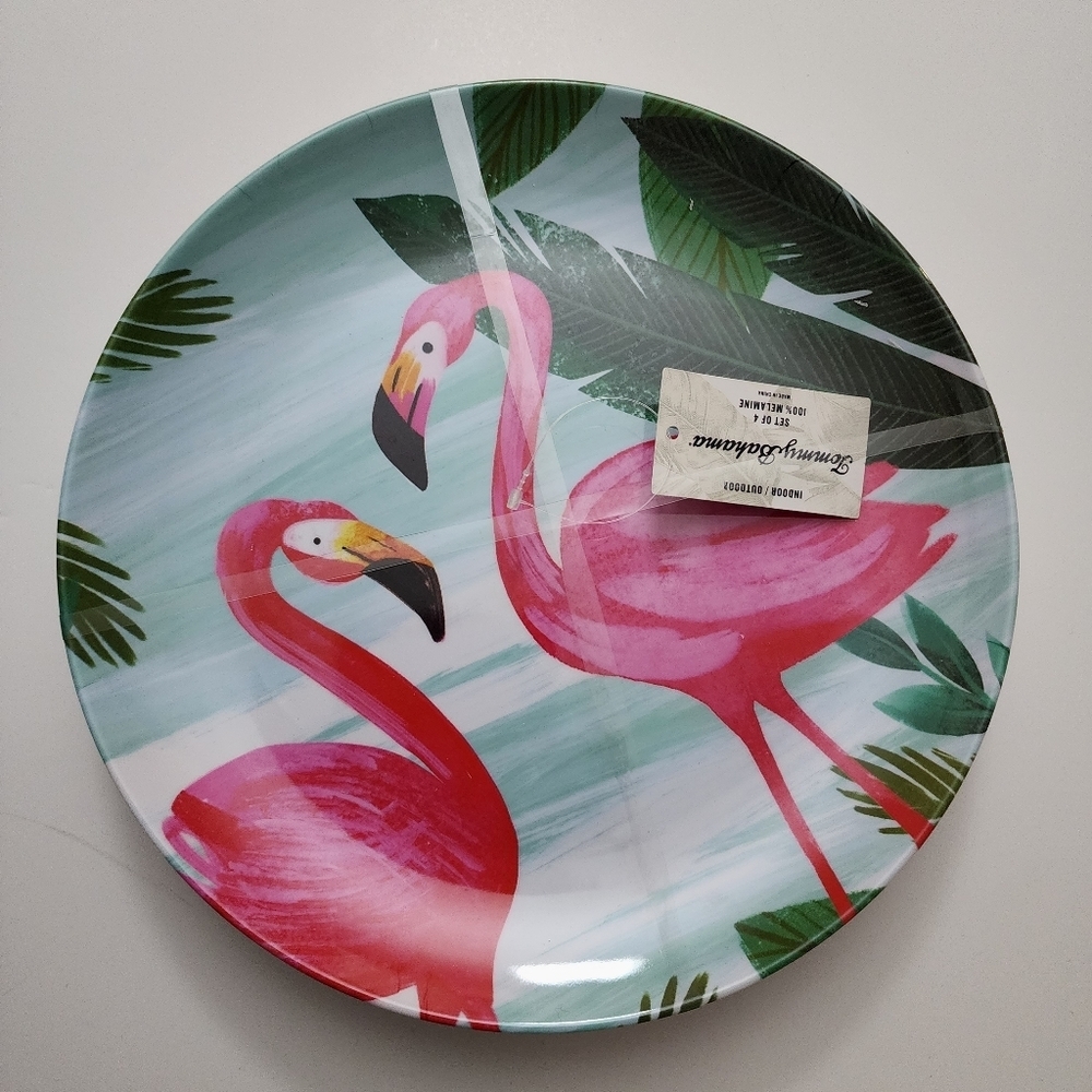 Tommy Bahama Melamine Flamingo set of 4 Dinner Plates Indoor/Outdoor